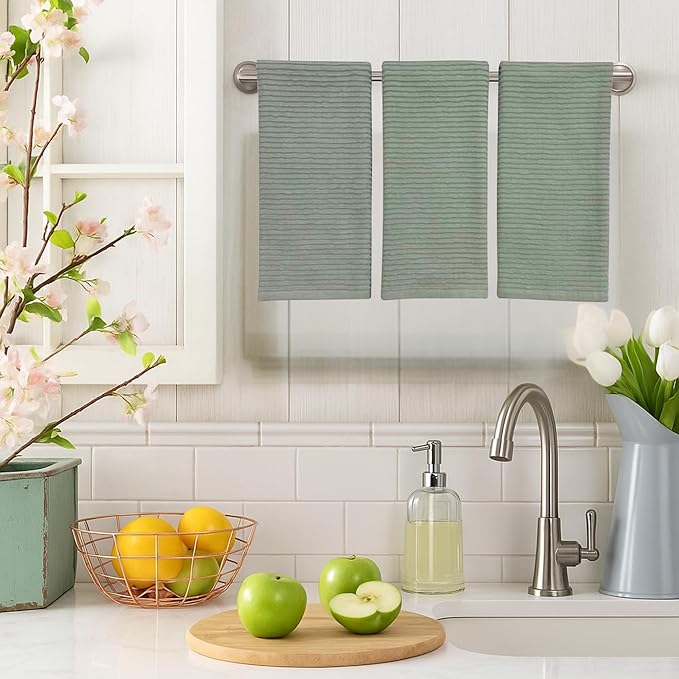 Serafina Home Sage Green Kitchen Dish Towels 100% Cotton Cloth Soft Cleaning Drying Absorbent Terry Ribbed Loop: Set of 3 Multipurpose for Everyday Use