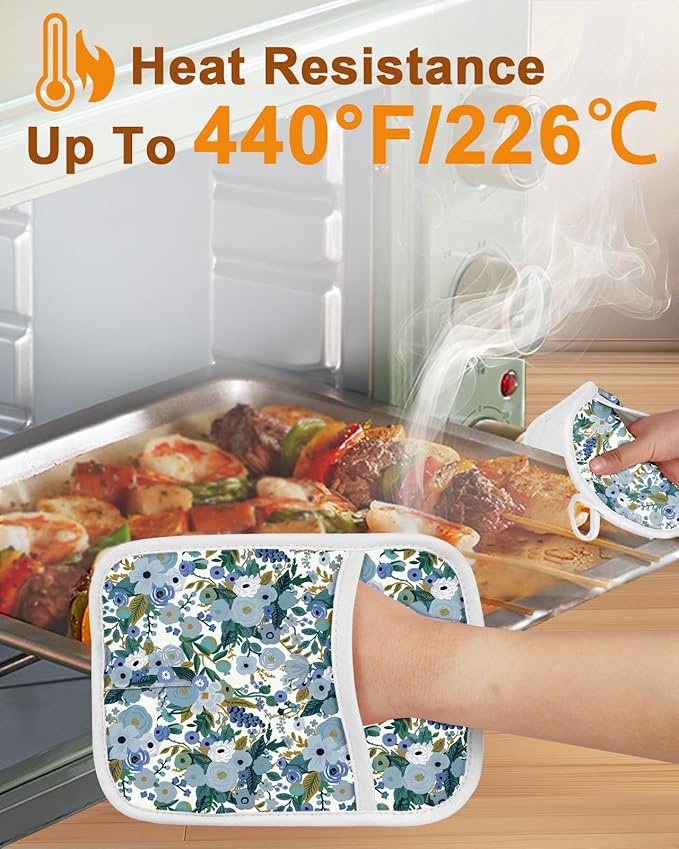 Swooflia 100% Cotton Pot Holders 2 Pack Set for Kitchen with Pockets - Cute 440°F Heat Resistant Oven Hot Pads Heavy Duty for Countertop Home Cooking Baking Microwave BBQ Vintage Flower