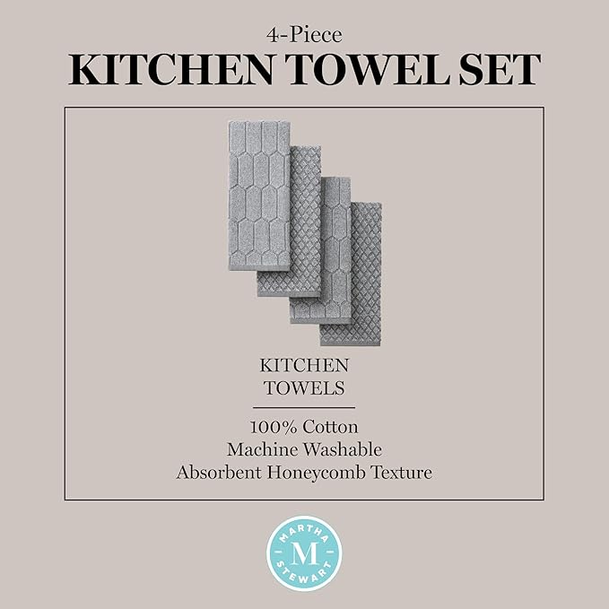 Martha Stewart Honeycomb Chambray Textured Kitchen Towel 4-Pack Set, 100% Cotton with Absorbent Terrycloth, Decorative Kitchen Towels, Grey, 16"x28"