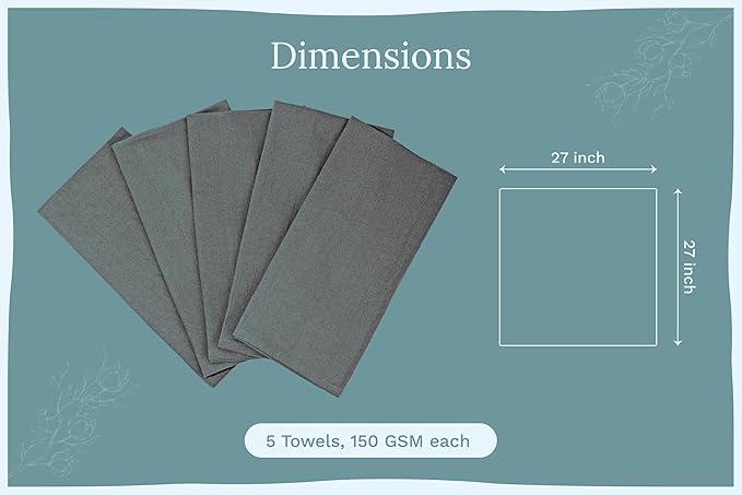 Gray Flour Sack Tea Towels - 100% Cotton, 5 Pack, 27"x27" Extra Large, Highly Absorbent Gray Dish Drying Towels - Lint-Free Baking Towels, Customizable and Versatile Kitchen Towels (5 Pack)