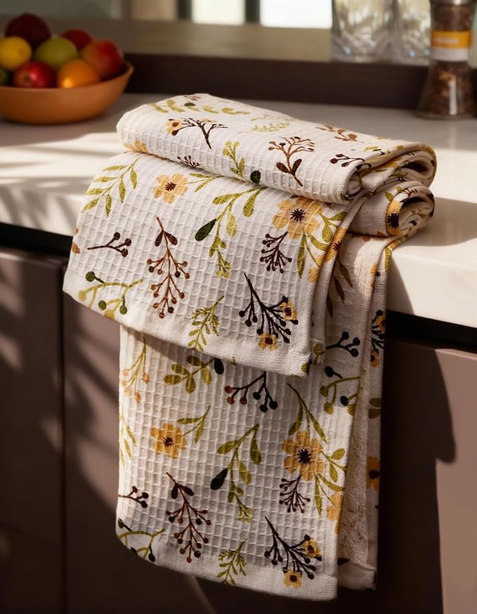 Miss Adola Cotton Waffle Kitchen Towels – Cute 370 GSM 16x25 Inch Terry Cloth Waffle Decorative Dishcloth for Kitchen Set of 2 with Hanging Loop Absorbent Hand Tea Towel for Home Design, Flower