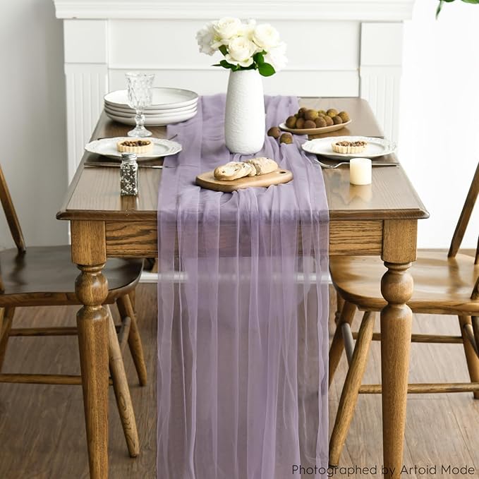 Artoid Mode 3PCS Grayish Purple Gauze Table Runner 120 Inch 10FT, Seasonal Sheer Kitchen Dining Holiday Wedding Birthday Baby Shower Table Decor for Home Party