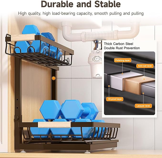 Sevenblue 2 Packs Under Sink Organizer, Height Adjustable 2 Tier Under Kitchen Sink Organizer, Multi-Purpose Storage Shelf for Kitchen Bathroom Cabinet (Brown, Extra Large)