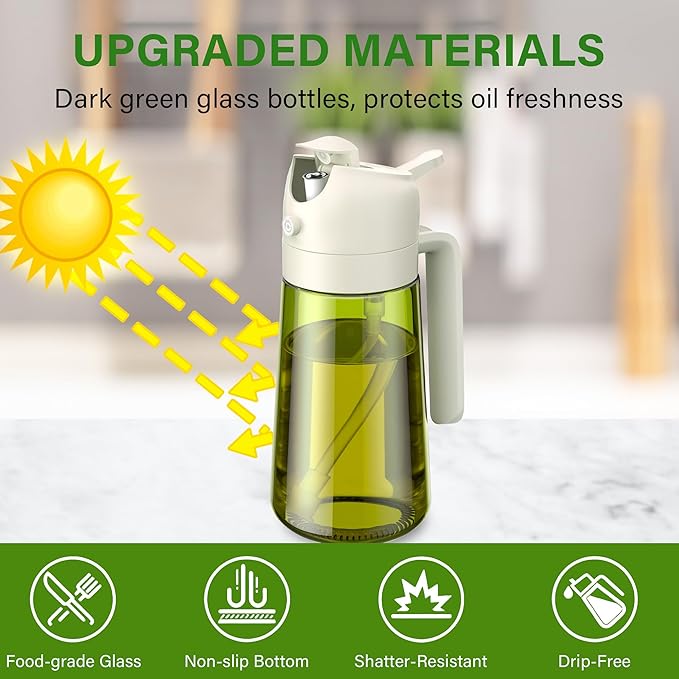 Vakoo 2 in 1 Oil Sprayer and Oil Dispenser for Kitchen - 16oz/470ml Light-Blocking Dark Glass Olive Oil Spray Bottle for Cooking, Air Fryer, Salad & BBQ (Green and White)