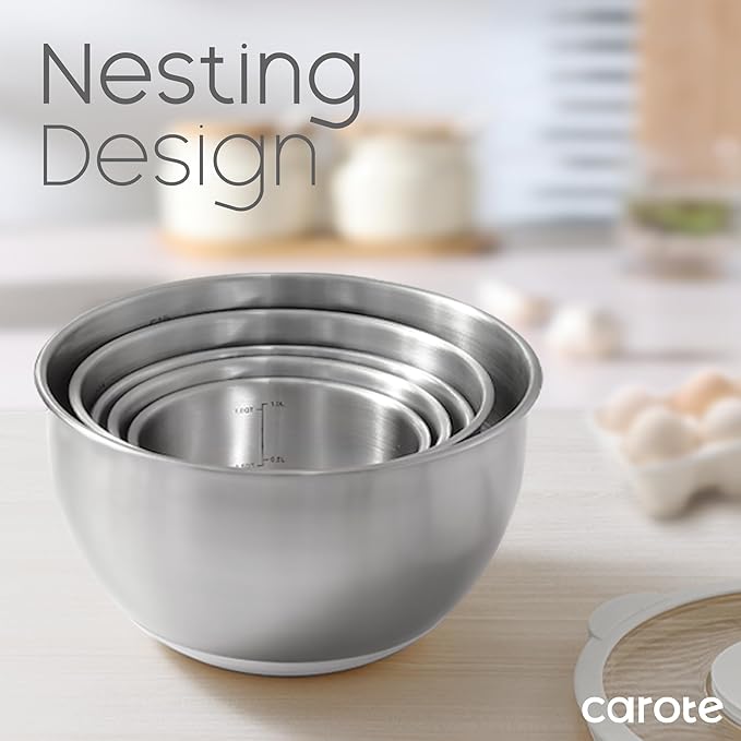 CAROTE Stainless Steel Mixing Bowls with Lids Set,12 Pcs Nesting Bowls Clear Airtight Lids 3 Grater Attachments,Non-Slip Bottoms & Measurement Marks Mixing Bowls,Size 5,3,2,1.5,1QT