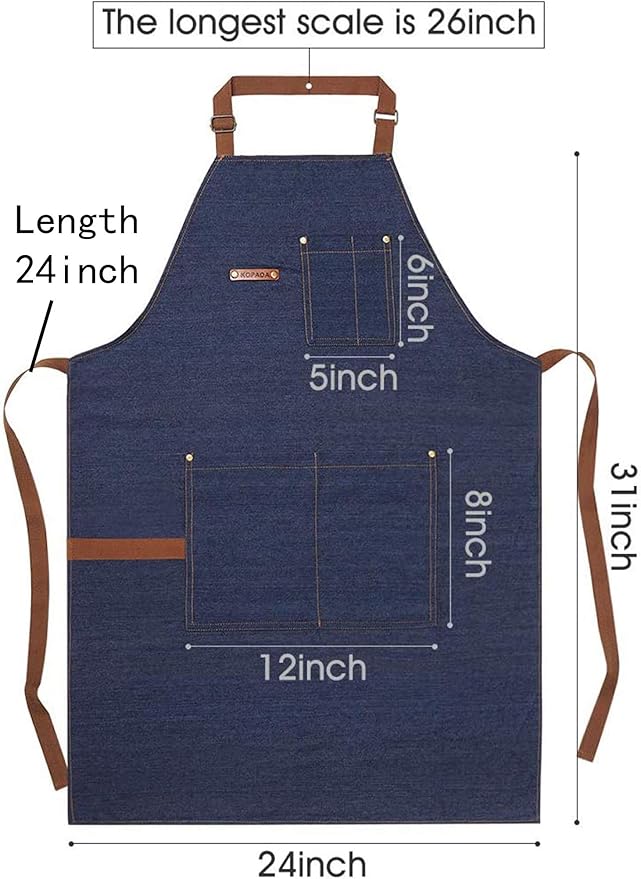 KPD Denim Apron With Pockets - Adjustable Blue for Kitchen, BBQ, and Garden - Work Apron for Men and Women