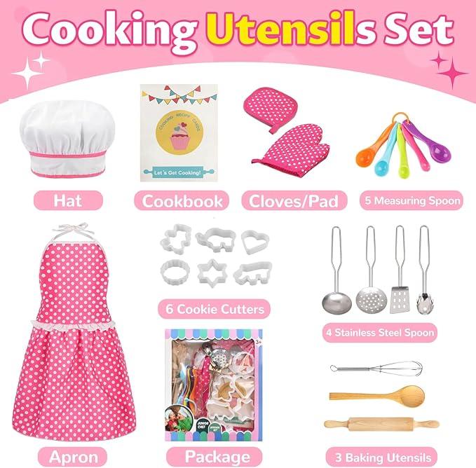 Kids Cooking Baking Set , Kids Kitchen Pretend Play Toys, Children Chef Role Play Costume Set - Chef Hat and Matching Pink Apron, Birthday Xmas Gifts for 3-8 Year Old Girls Toys