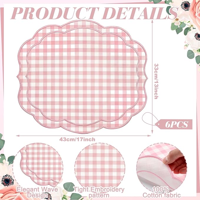 Breling Set of 6 Pink Gingham Placemats Scalloped Embroidered Cotton Linen Placemats 17" x 13" Double Layered Machine Washable Table Place Mat for Wedding Birthday Baby Shower Party Table Decor