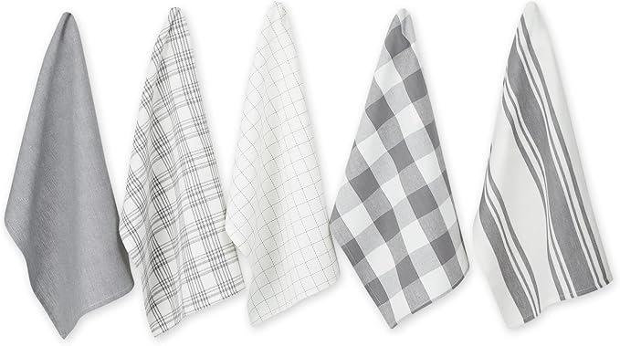 DII Everyday Basic Kitchen Collection Large Woven Cotton Dishtowel/Tea Towel Set, 18x28, Gray, 5 Count