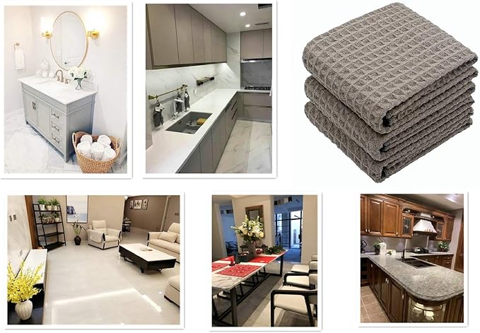 Waffle Weave Thick Microfiber Dish Drying Towels Absorbent Tea & Hand Towel Lint Free 16x24 Inch 3 Pack Gray