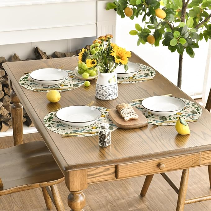 Artoid Mode Brown Lemon Tree Bird Flower Round Summer Placemats Set of 4, 14 Inch Spring Farmhouse Round Table Mats for Dining Decoration