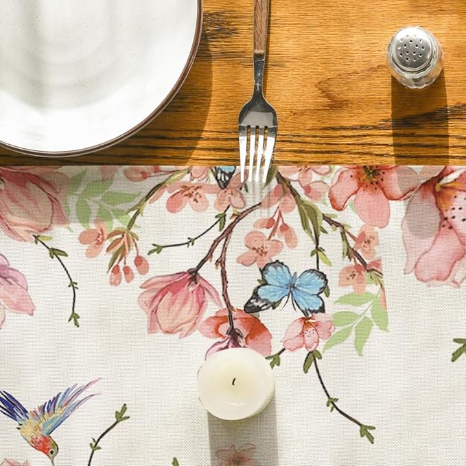 Artoid Mode Flowers Bird Butterfly Spring Table Runner, Seasonal Kitchen Dining Table Decoration for Home Party Decor 13x48 Inch
