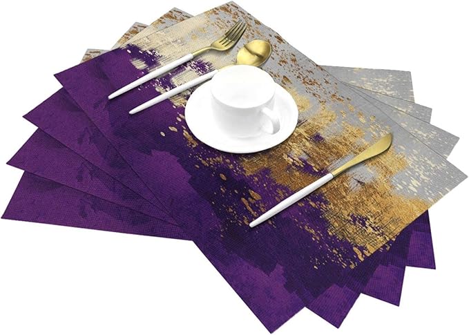 Purple Gold Abstract Linen Placemats Set of 4, Heat Resistant Wipeable Purple Place Mats for Kitchen Dining Table Holiday Wedding Party Outdoor Farmhouse Gardening, Kitchen Home Decor, 12 x 18 Inch