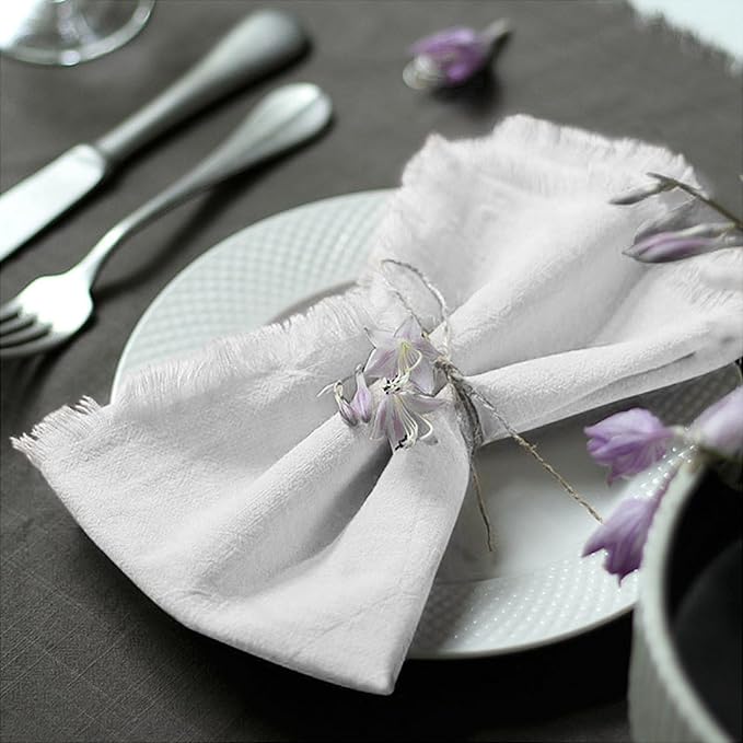 Handmade Cloth Napkins 100% Cotton Napkins with Fringe，Delicate Handmade Cloth Napkins for Dinners, Parties, Weddings and More，18 x 18 Inch Set of 12 - White