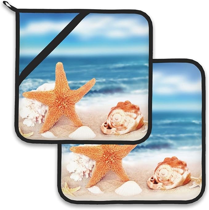 Beach Starfish Shells Pot Holder Set of 2,Heat Resistant Potholders Oven Hot Pads for Kitchen Cooking Baking BBQ