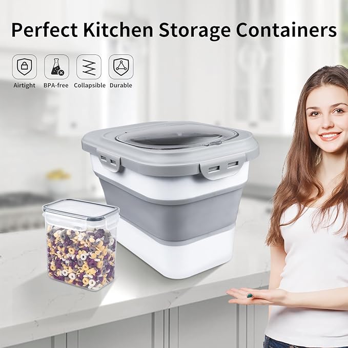 Komzon Rice Storage Container, Collapsible Airtight Food Storage Containers 6-20 Lbs, Rice Dispenser with Measuring Cup and Small Bin for Flour Cereal Pasta Grain, Cat Pet Dog Bird Food Container