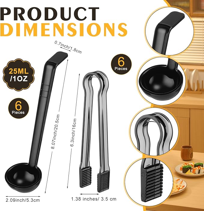 12 Pieces Plastic Serving Utensils Set Including 6 Pcs 1 oz Small Ladle and 6 Pcs Tong Acrylic Long Handle Ladle for Serving Sauce, Soup, Dressing, Punch Bowl, Gravy for Party Banquet Catering(Black)