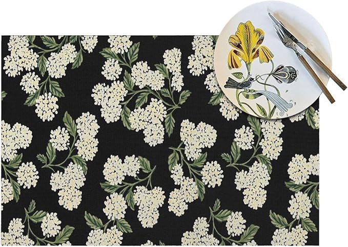 Spring Place mats Set of 4,12x18 Inches Black Beige Hydrangea Floral Decorative Summer Decor Flower Placemats Rectangle Spring Table Mats for Party Home Kitchen Dining Table Decoration