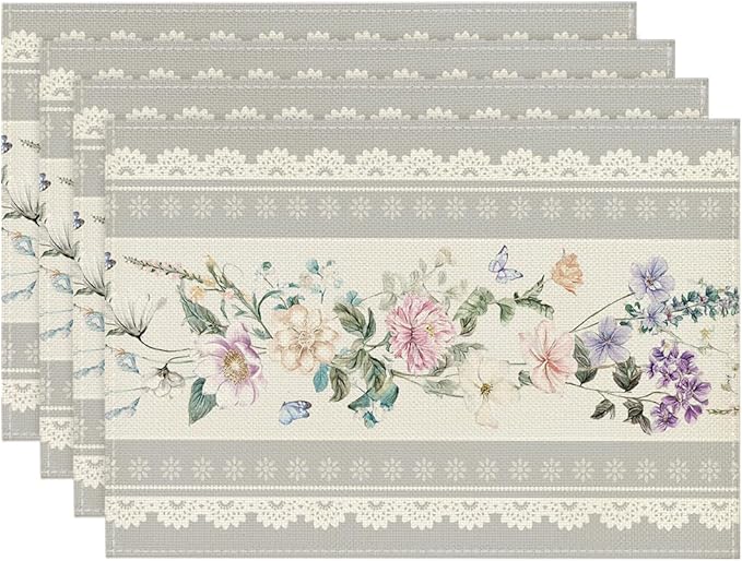 Artoid Mode Grey Printed Lace Floral Spring Placemats Set of 4, 12x18 Inch Seasonal Summer Holiday Table Mats for Party Kitchen Dining Decoration
