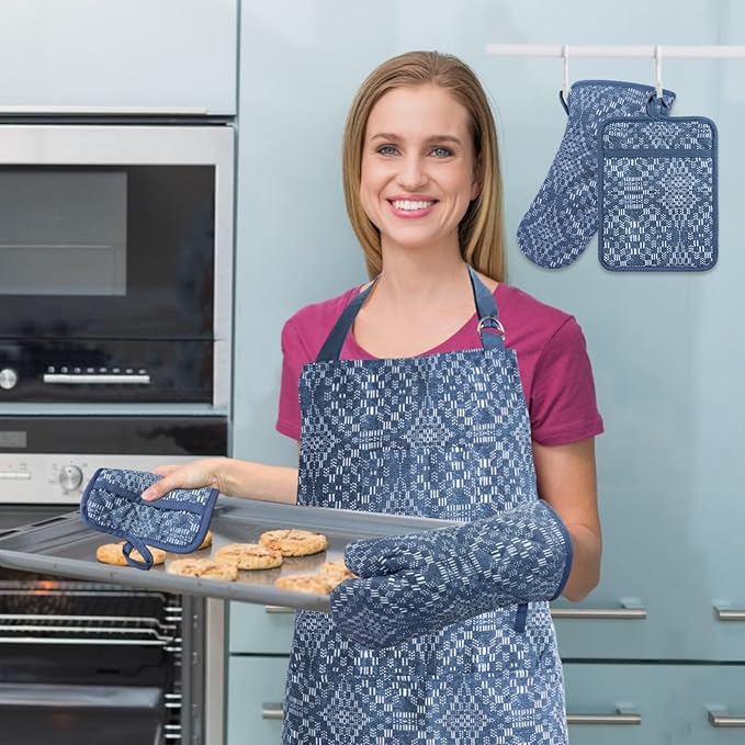 Oven Mitts and Pot Holders with Cooking Apron Set of 5, Heat Resistant Kitchen Gloves and Silicone Non-Slip Potholders (Dusty Blue)