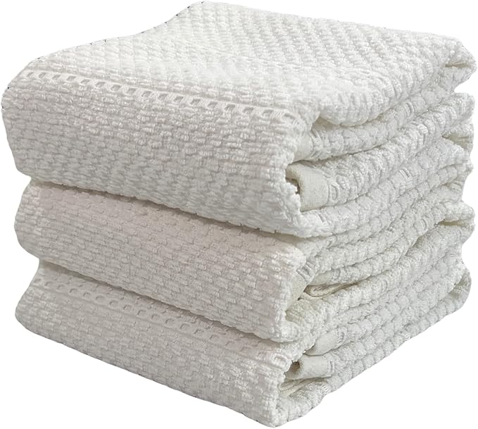 Serafina Home White Kitchen Hand Dish Towels: 100% Cotton Cloth Soft Cleaning Drying Absorbent Textured Terry Loop, Set of 3 Multipurpose for Everyday Use