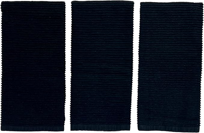 Serafina Home Oversized Solid Color Black Kitchen Dish Towels: 100% Cotton Cloth Soft Cleaning Drying Absorbent Ribbed Terry Loop, Set of 3 Multipurpose for Everyday Use (Black)