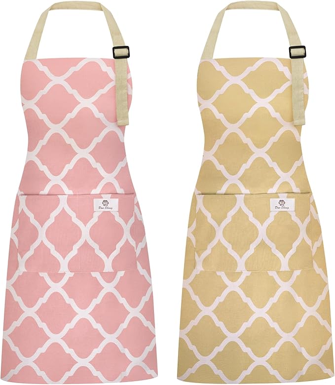 2 Pieces Aprons for Women with Pockets, Cotton Linen Waterproof Kitchen Cooking Aprons, Chef Apronfor Men Women with Adjustable Neck Strap and Long Ties(Pink/Yellow)