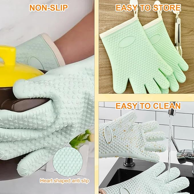 Silicone Oven Mitts, Silicone Cotton Double-Layer Oven Gloves Heat-Resistant up to 450°F for Baking, Cooking, BBQ Accessories