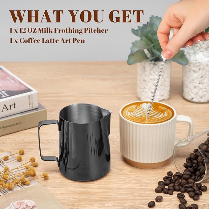 Amrules Milk Frothing Pitcher, 12 oz Milk Frother Cup with Clear Scale, 304 Stainless Steel Cappuccino Espresso Machine Accessories for Barista Coffee Bar with Latte Art Pen, Bright Black