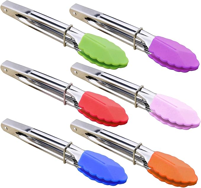 HINMAY Small Tongs with Silicone Tips 7-Inch Mini Serving Tongs, Set of 6 (Green Red Blue Purple Pink Orange)