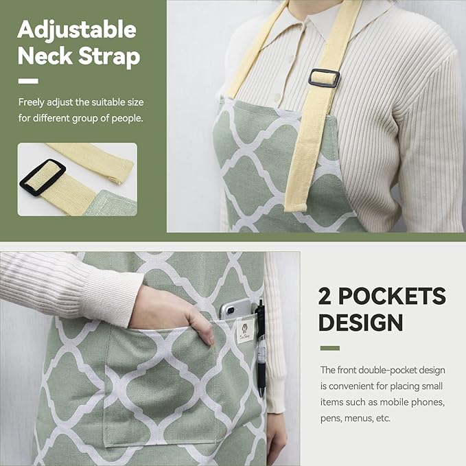 NLUS 2 Pack Kitchen Cooking Aprons, Adjustable Bib Waterproof Chef Apron with 2 Pockets for Men Women(Green Plaid/Grey Plaid)