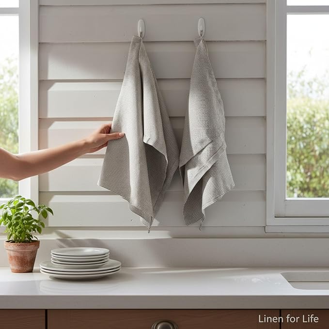 Eight Owls Stonewashed Linen Kitchen Dish Towels - 20 x 27 inch – 100% Pure Linen Tea Towel/Hand Towel - Set of 2 (Black Pinstripe)