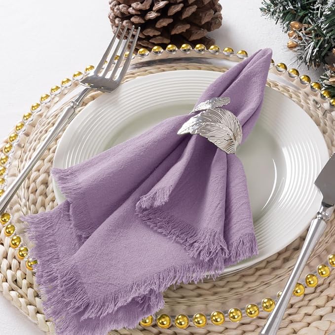 DeZerlor 6 Pack Purple Cotton Linen Napkins with Fringe Spring Cloth Napkins Set of 6 Boho Handmade Dinner Napkins Bulk for Wedding Bridal Baby Shower Parties, 17 x 17 Inches