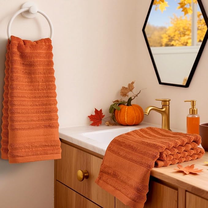 Jacquotha Orange Hand Towels Set of 2 - Ribbed Bathroom Towels Fall Decor, Daily Use & Autumn Gatherings, 13x29 Inches