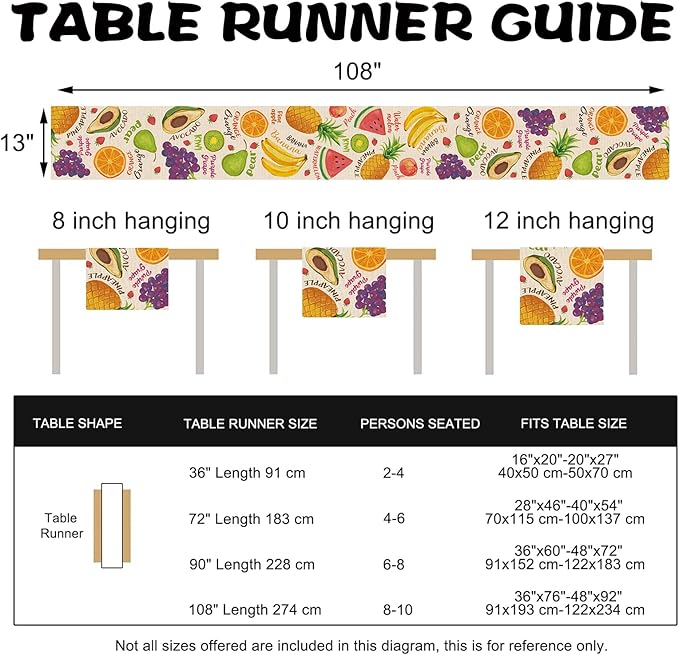 Watercolor Fruit Table Runner, Watermelon Pineapple Banana Orange Kitchen Dining Table Decoration, Spring Summer Grapes Kiwi Avocado Burlap Indoor Outdoor Home Decor Party Supply 13 x 108 Inch