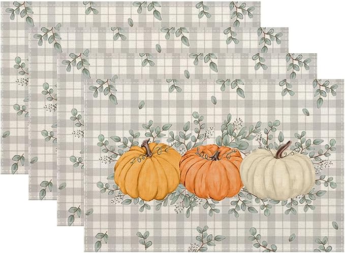 Fall Pumpkin Placemats 12x18 Set of 4, Orange White Pumpkin Buffalo Plaid Table Place Mat Autumn Watercolor Harvest Washable Table Mats Decorative Linen Fabric Table Mat for Dining Table