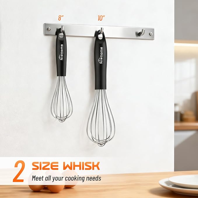 NileHome Silicone Whisk Set 8" 10" Kitchen Whisk Kitchen Wisk Wire Whisks for Cooking, Whisking, Blending, Beating, Stirring-Black Silver