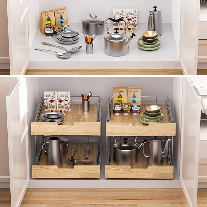 Sikarou Pull Out Cabinet Organizer,Heavy-Duty Slide Out Shelf, Wood and Wire Basket, Pull Out Drawer for for Kitchen Under Sink Space, Pantry, Bathroom, 2 Tie 11 * 21 in