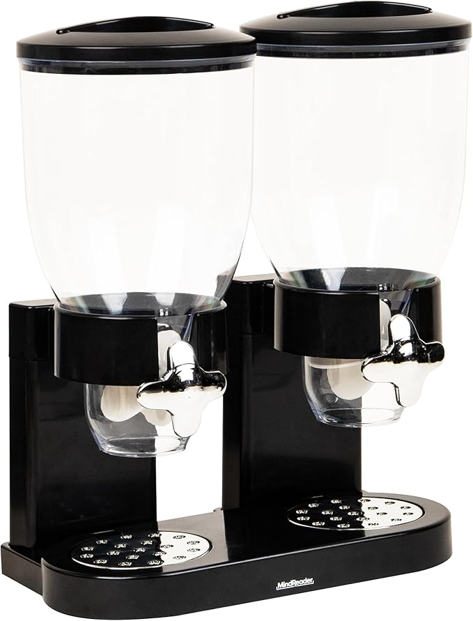Mind Reader Double Cereal Dispenser for Countertop, 2 x 2L Airtight Containers, Rotating Dry Food Dispenser for Cereal, Rice, Candy, Coffee Beans, Black