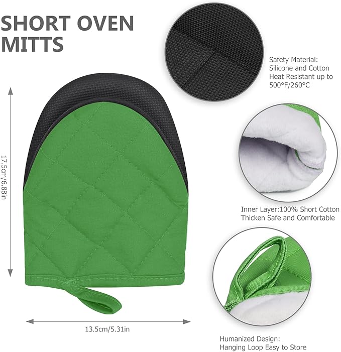 Short Oven Mitts, Heat Resistant 500°F, Silicone Grip Kitchen Gloves, Non-Slip for Baking, Grilling, BBQ, Machine Washable with Hanging Loop, 2-Pack Set, Dark Green