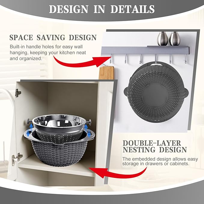4-1 Colander with Lid Set - Rotatable Strainer With Bowl(Patented), Pasta Strainer with New Upgraded Graters, Strainer And Colanders, Fruit Cleaner, Veggie Wash, Apartment Kitchen Gadgets - Grey
