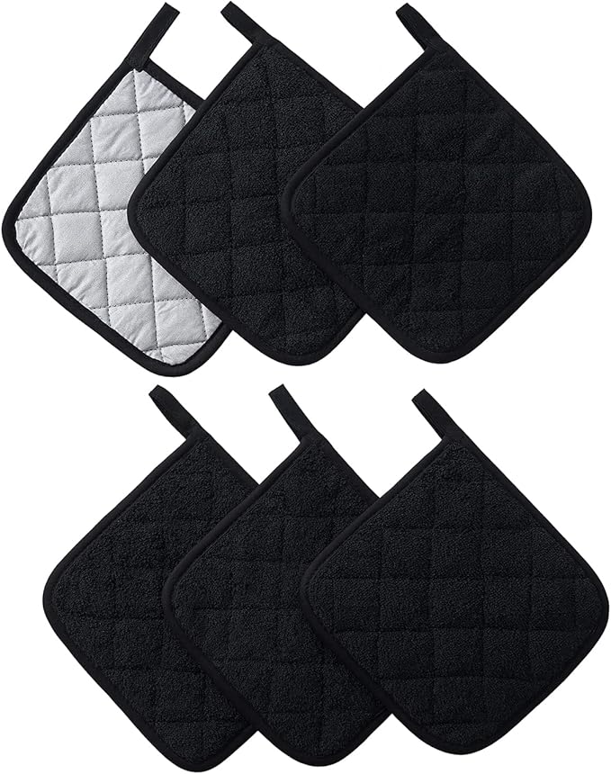 Kitchen Pot Holders Set Heat Resistant Pure Cotton Potholders Kit Trivets Large Coasters Hot Pads Terry Pot Holders for Everyday Cooking and Baking by 7 x 7 Inch Set of 6 Black