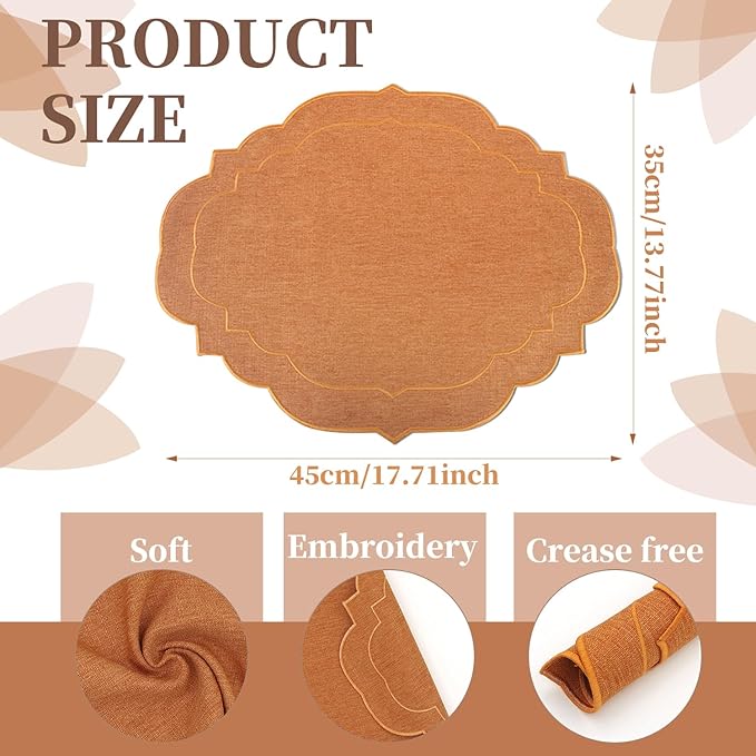 Cotton Linen Oval Placemats Set of 4, HADEEONG Table Mats Cloth Placemats, Washable Wrinkle Resistance, Scalloped & Embroidered Fabric Placemats, 17.71 x 13.77inch (Orange, 4)