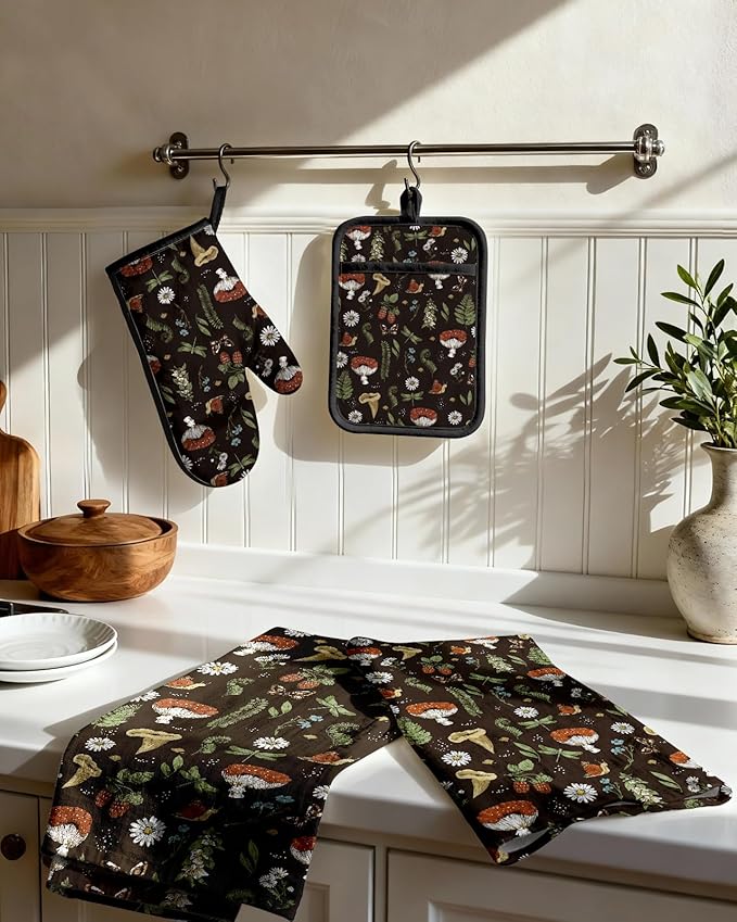 Miss Adola 270 GSM Cotton Kitchen Towels, Oven Mitt and Pot Holder - 4 Pack Kitchen Decor and Accessories Set Cute Farmhouse Boho Quilted Lining Heat Resistant Set with Hanging Loop, Black Mushroom