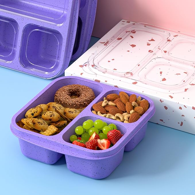 Snack Boxes (3 Pack) - Stackable Bento Boxes with 3 Compartments, Meal Prep Containers Reusable, Lightweight Lunch Containers for Kids and Adults, BPA Free (Purple)