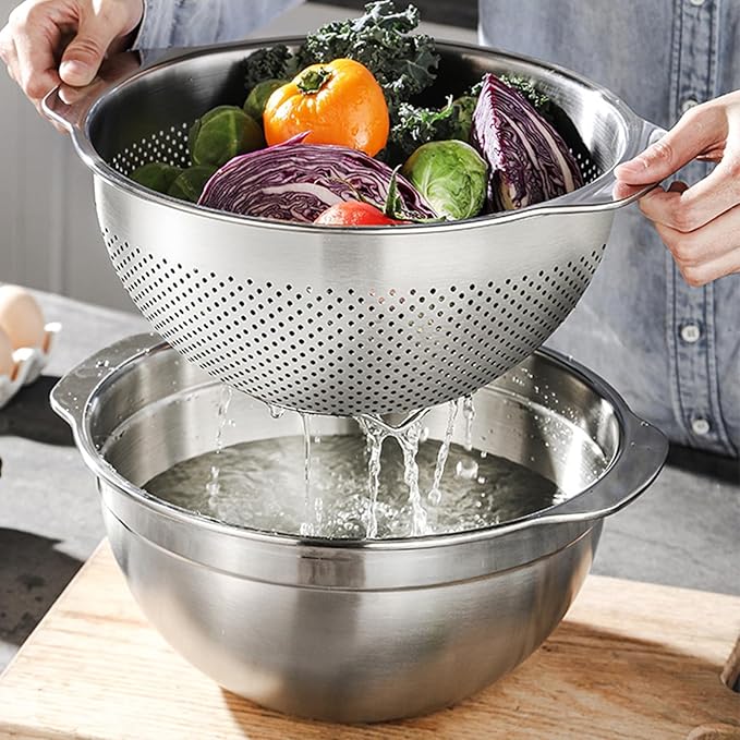 18/8 Stainless Steel Microwell Colander, 5QT Large Capacity with Handle Kitchen Food Strainer5QTColander+5QT Mixing bowl)