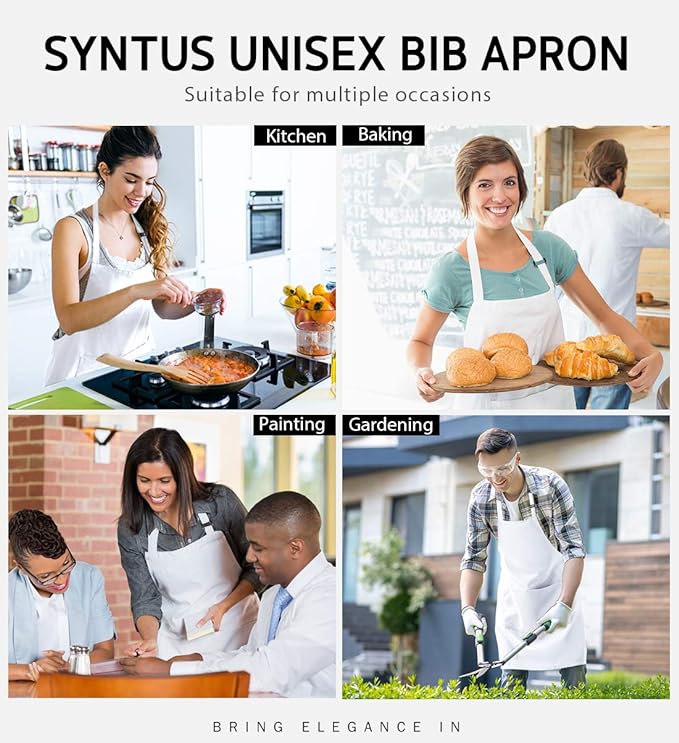 Syntus 12 Pack Bib Apron, Unisex Aprons Adjustable 100% Cotton with 2 Pockets Cooking Kitchen Aprons for Women Men Chef, BBQ Drawing Apron Bulk, White