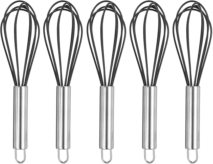 HARFINGTON 5Pcs Silicone Whisk 8" Kitchen Whisk Wire Whisks Beater with Stainless Steel Handle for Egg Milk Whisking Blending Beating & Stirring, Black