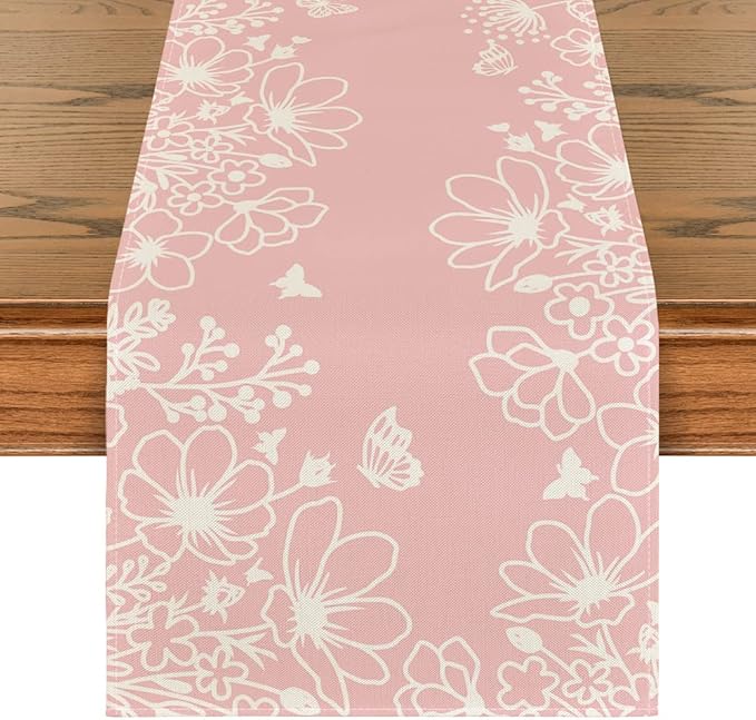 Artoid Mode Pink Bloom Flowers Butterfly Spring Table Runner, Seasonal Holiday Kitchen Dining Table Decoration for Home Party Indoor 13x108 Inch