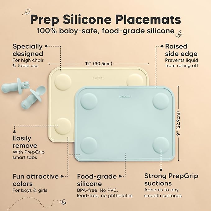 KeaBabies 2pk Silicone Placemats for Toddlers,Kids - 12x9 Non Slip Suction Baby Silicone Placemat for Restaurants,Dining Table,Travel,Easy to Clean,Food Grade/BPA-Free,Small Baby Table Mat(Pastel Sky)